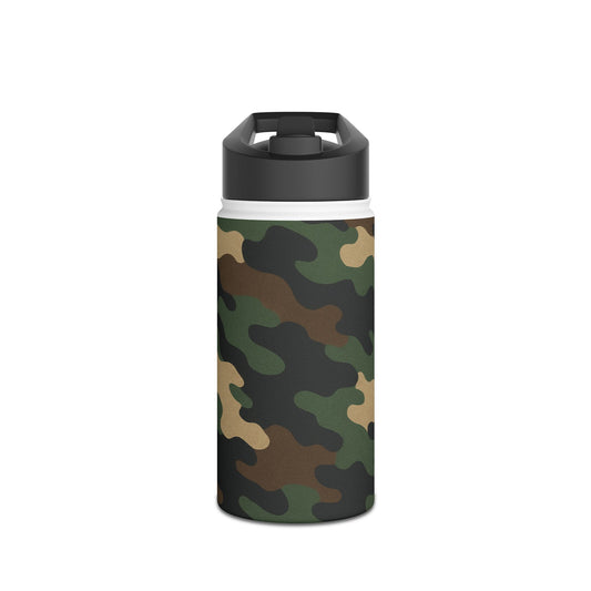 Camo stainless steel insulated water bottle by Printify with a rugged outdoor camouflage design, ideal for hiking and outdoor use.