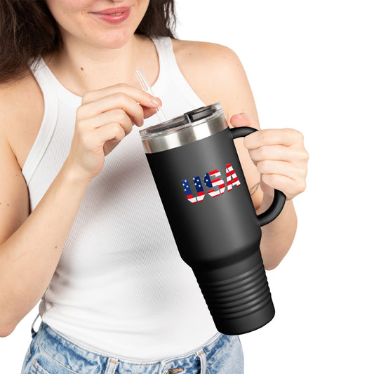 Printify insulated travel mug with USA design, 40oz tumbler for coffee, tea, and outdoor adventures.