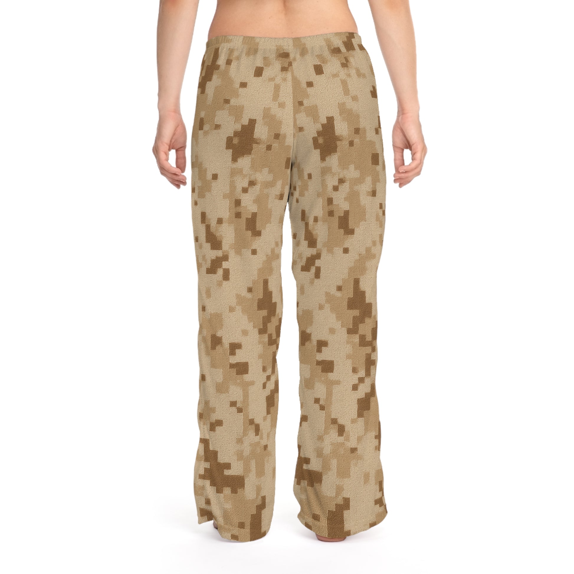 Desert camo women's pajama pants with digital camouflage print, cozy loungewear from Printify, all-over print design.