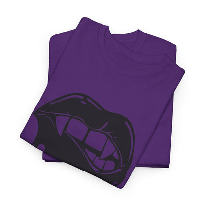 Black graphic T-shirt by Printify featuring a dripping lips design with a "hmm..." bite detail on the front.