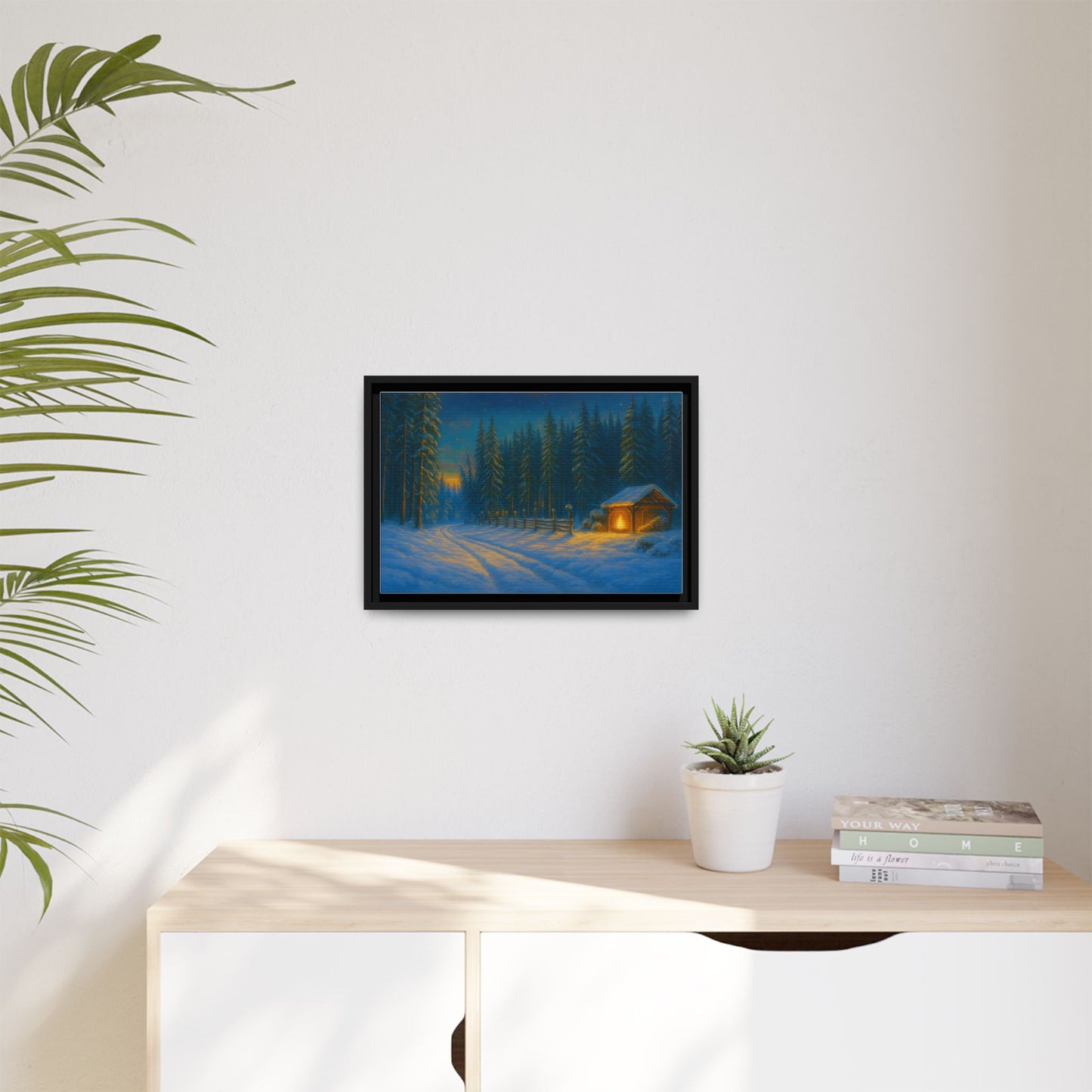 Cozy winter cabin wall art on canvas depicting a snowy forest evening scene, framed in matte style by Printify.