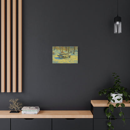 Winter picnic canvas print by Printify showing a snow-covered park bench as wall art on a canvas.