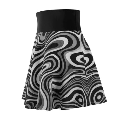 Black and white swirl skater skirt with retro print, featuring all-over pattern, perfect for parties and festivals.