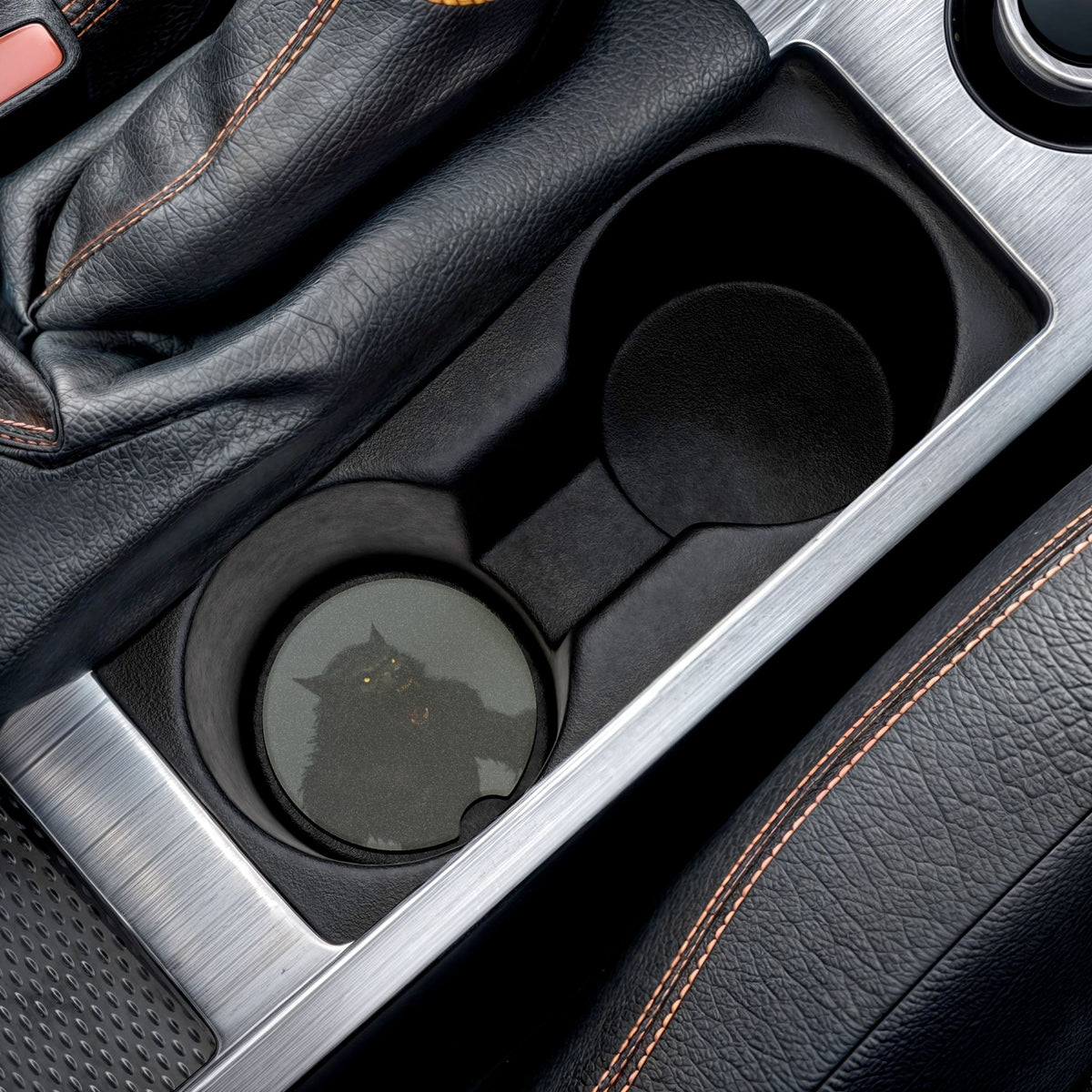 Black cat night soapstone car coaster with pet-themed design, suitable for protecting car surfaces from drink spills.