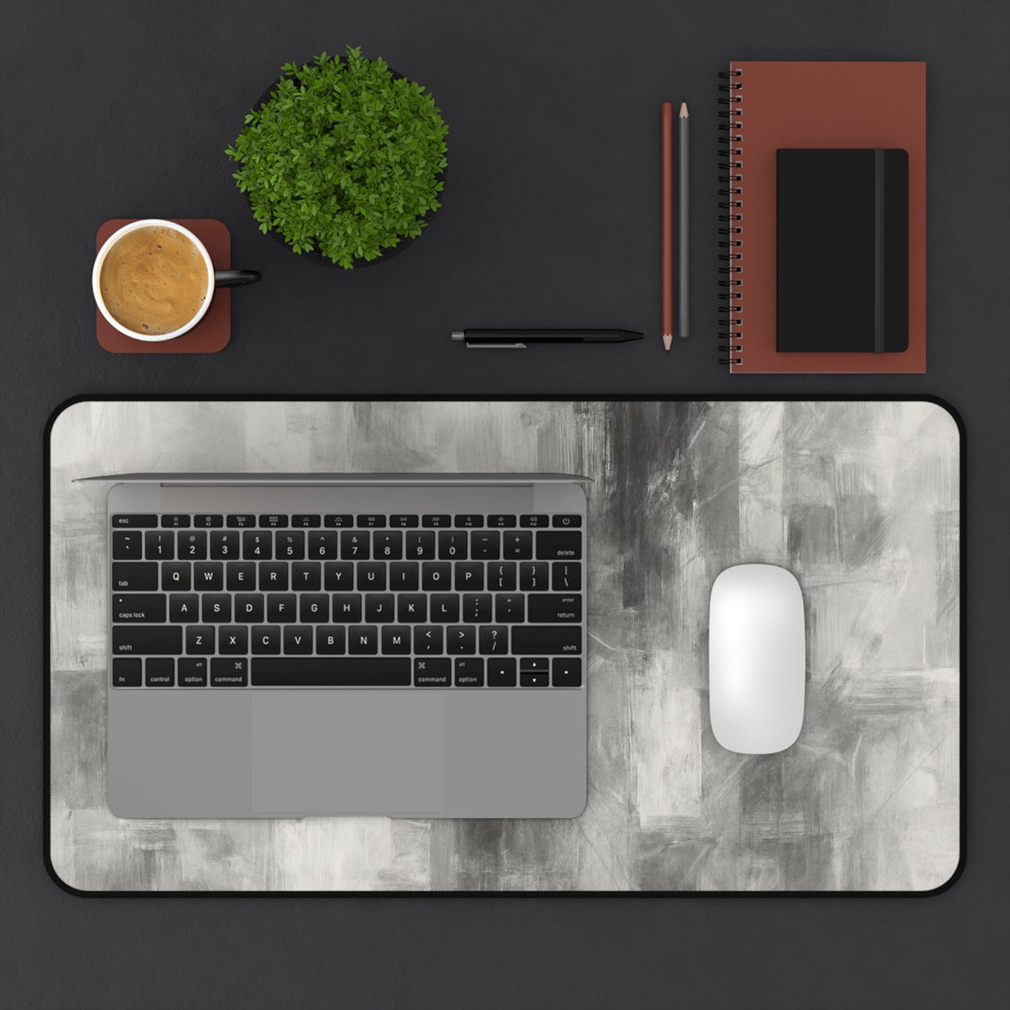 Abstract gray brushstroke desk mat by Printify, neutral modern desk pad with artistic design on smooth surface.
