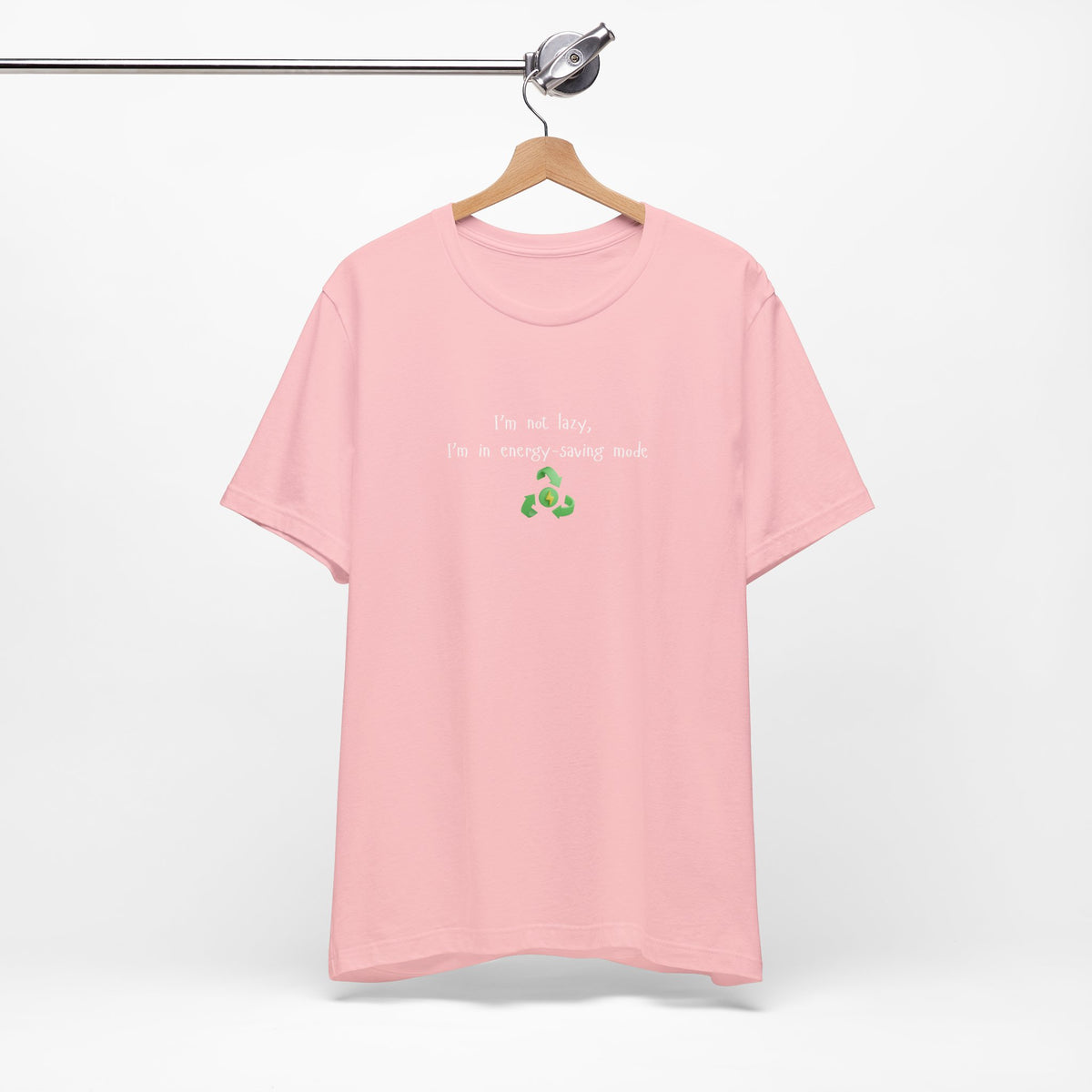 Eco-friendly mock T-shirt with humorous "I’m Not Lazy, I’m an Energy-Saving Mock" print, casual fit, printed by Printify.