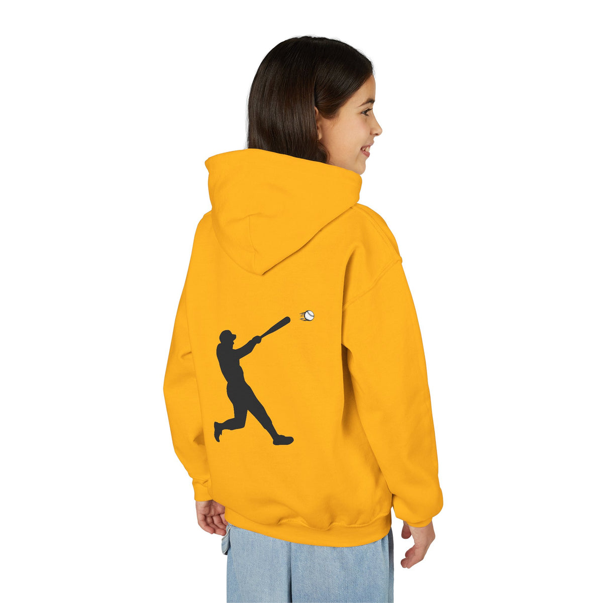 Kids youth baseball silhouette hoodie featuring a baseball player design, made by Printify, perfect for young sports enthusiasts.
