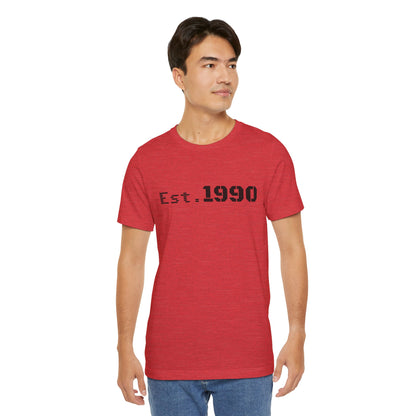 Vintage Est. 1990 T-Shirt by Printify featuring a classic birth year design on a casual cotton tee.