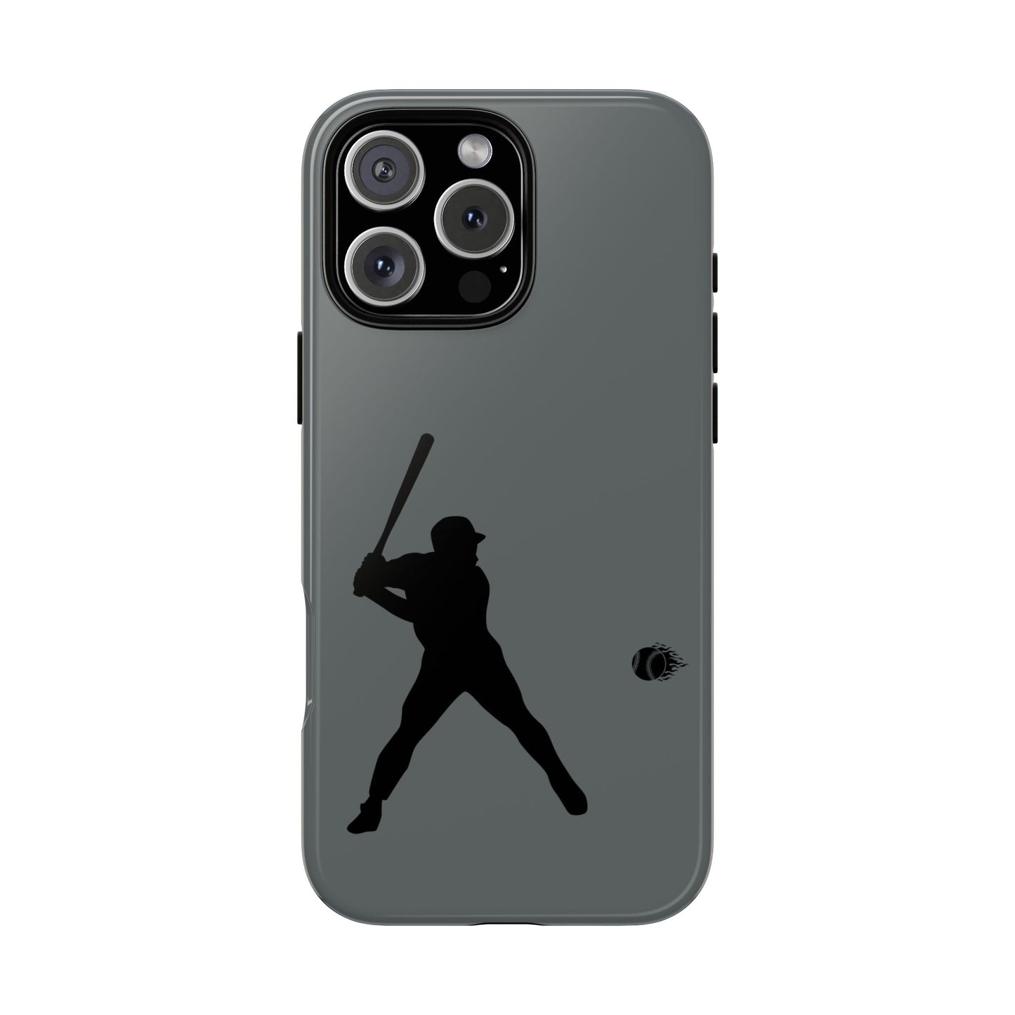 Black iPhone case with a white baseball silhouette design, protective sporty phone cover for iPhone by Printify.