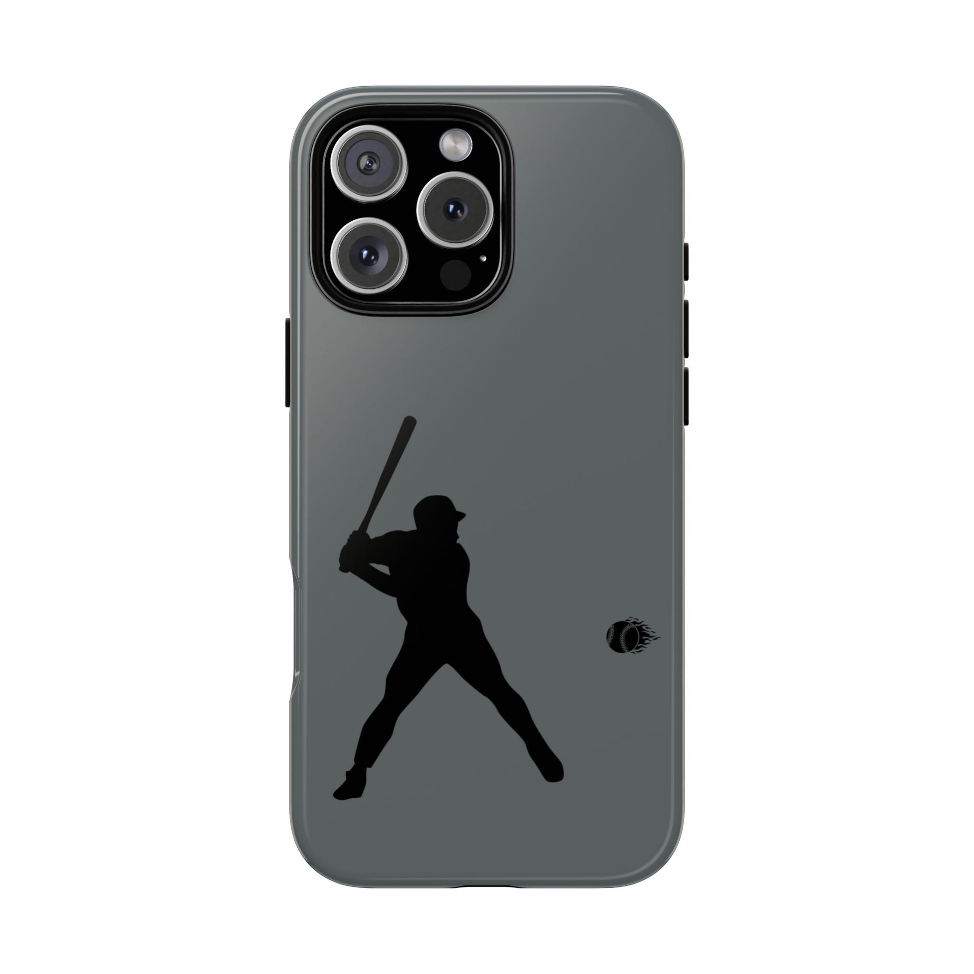Black iPhone case with a white baseball silhouette design, protective sporty phone cover for iPhone by Printify.