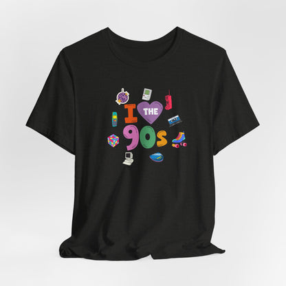 I  Love the 90's Short Sleeve Tee - Retro Graphic Tee, Vintage Style Shirt, Perfect for Casual Outings, 90s Nostalgia Apparel