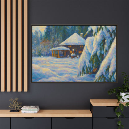 Framed matte canvas wall art of a snowy cabin winter landscape featuring a cozy cabin surrounded by snow-covered trees.