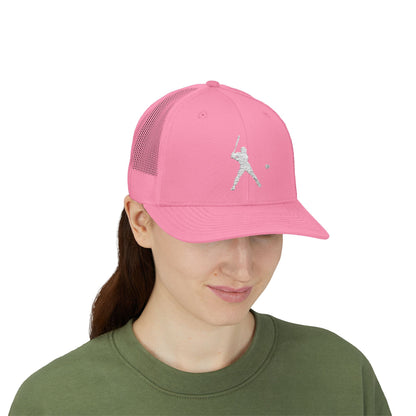 Vintage baseball snapback trucker cap featuring a batter silhouette design, printed by Printify, with adjustable mesh back and curved brim.