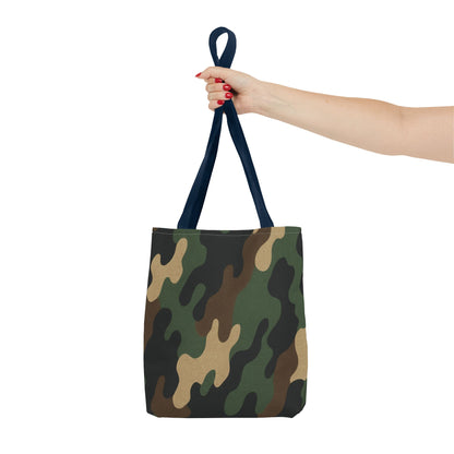 Camo pattern tote bag by Printify featuring an all-over printed canvas design, spacious carryall bag for everyday use.