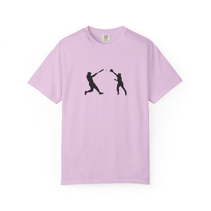 Black baseball silhouette T-shirt with minimal baseball players graphic, casual men's tee by Printify, front view