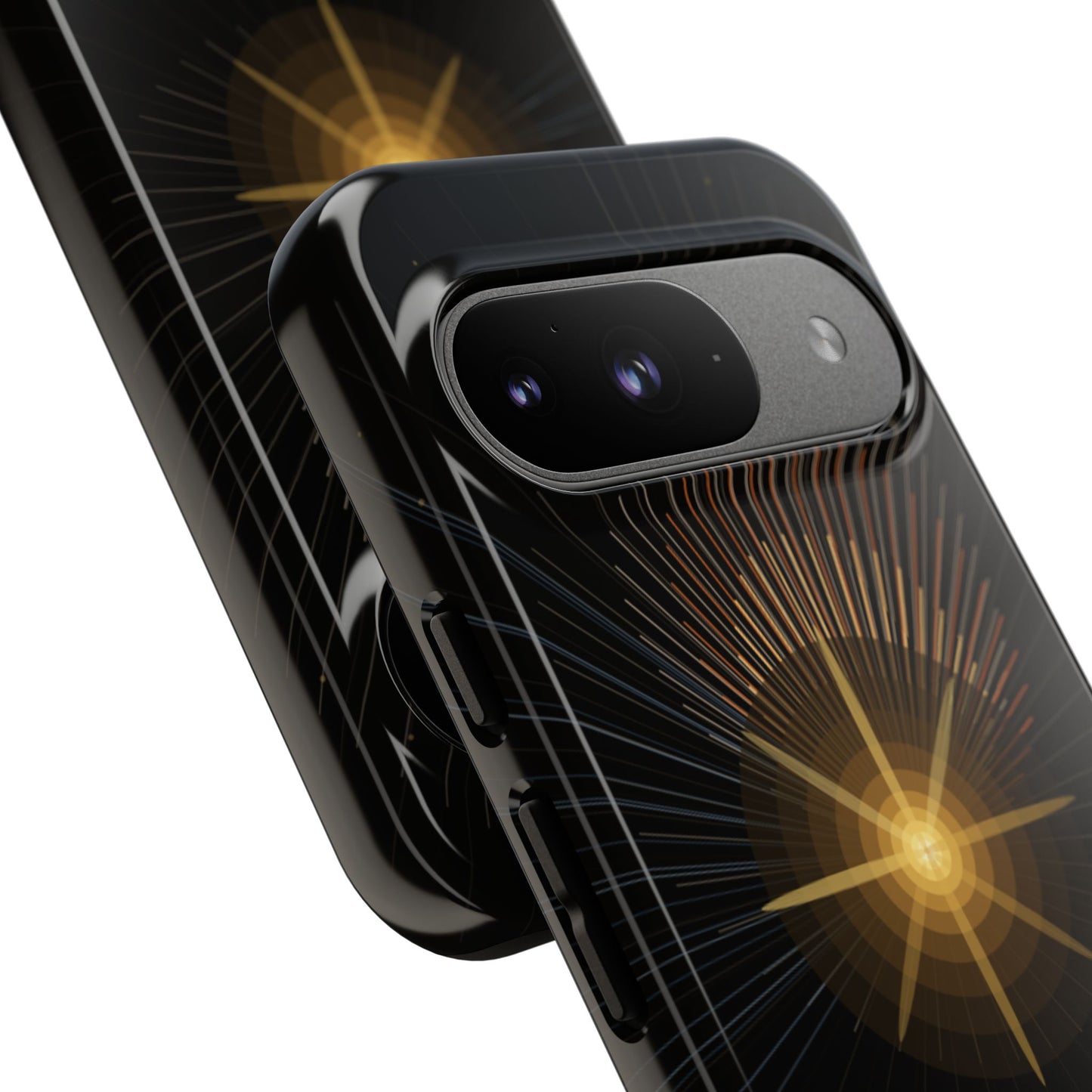 Tough Cases - Radiant Star Phone Case, Protective Black Shockproof Cover with Golden Light Design