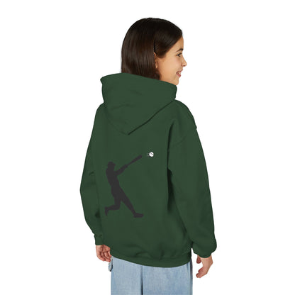 Kids youth baseball silhouette hoodie featuring a baseball player graphic on a comfortable pullover sweatshirt.