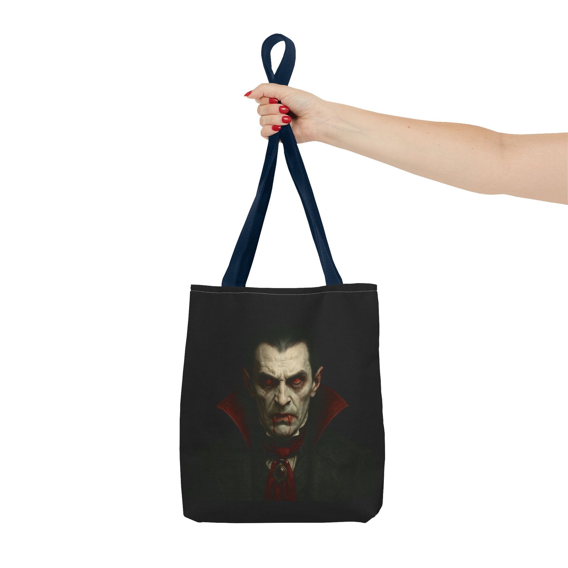 Spooky vampire tote bag with gothic design, black and red accents, perfect for Halloween accessories and gothic fashion.