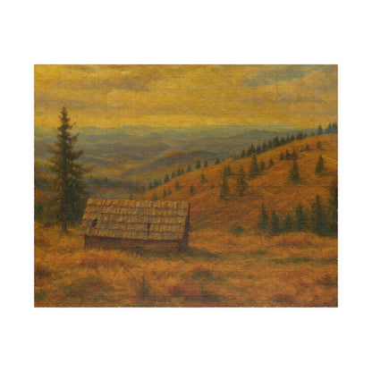 520-piece Autumn Mountain Cabin Puzzle by Printify featuring a scenic landscape with mountain views and cozy cabin imagery.