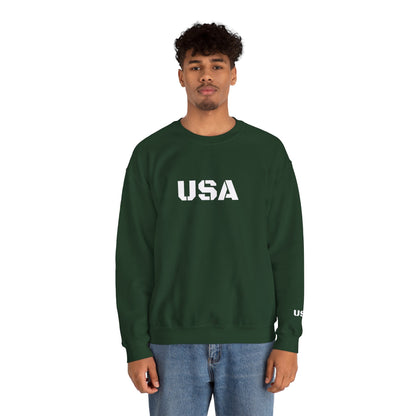 USA crewneck sweatshirt by Printify featuring patriotic design, cozy fit, ideal for all seasons and casual wear.