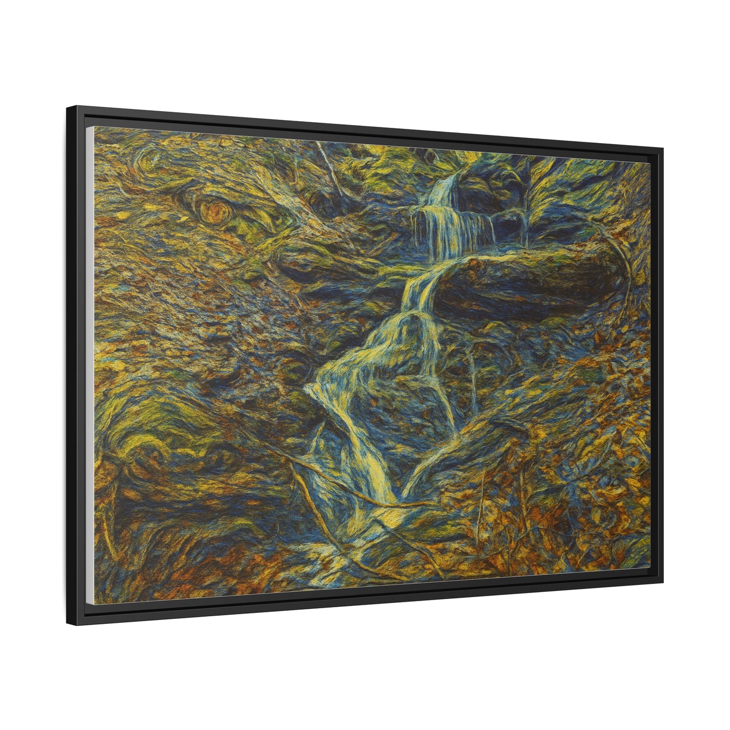Framed matte canvas wall art of an autumn forest with a waterfall, showcasing vibrant fall colors and natural scenery.