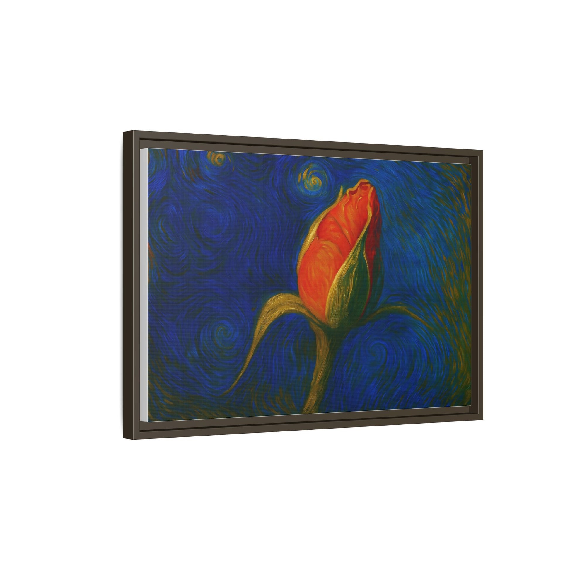 Red rose bud painting on framed canvas, matte wall art by Printify showcasing vibrant floral artwork.