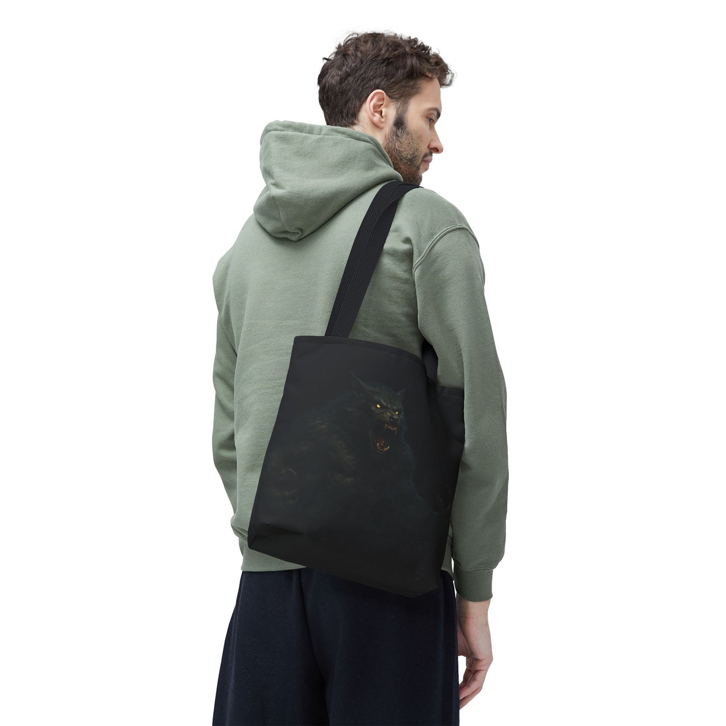 Dark Halloween werewolf tote bag with horror art design, ideal gift for horror fans, by Printify.