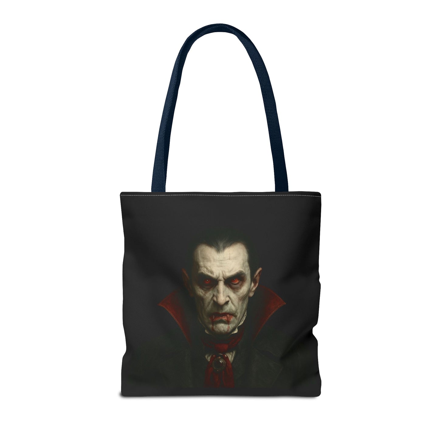 Black vampire tote bag with spooky gothic design, perfect for Halloween accessories, by Printify.