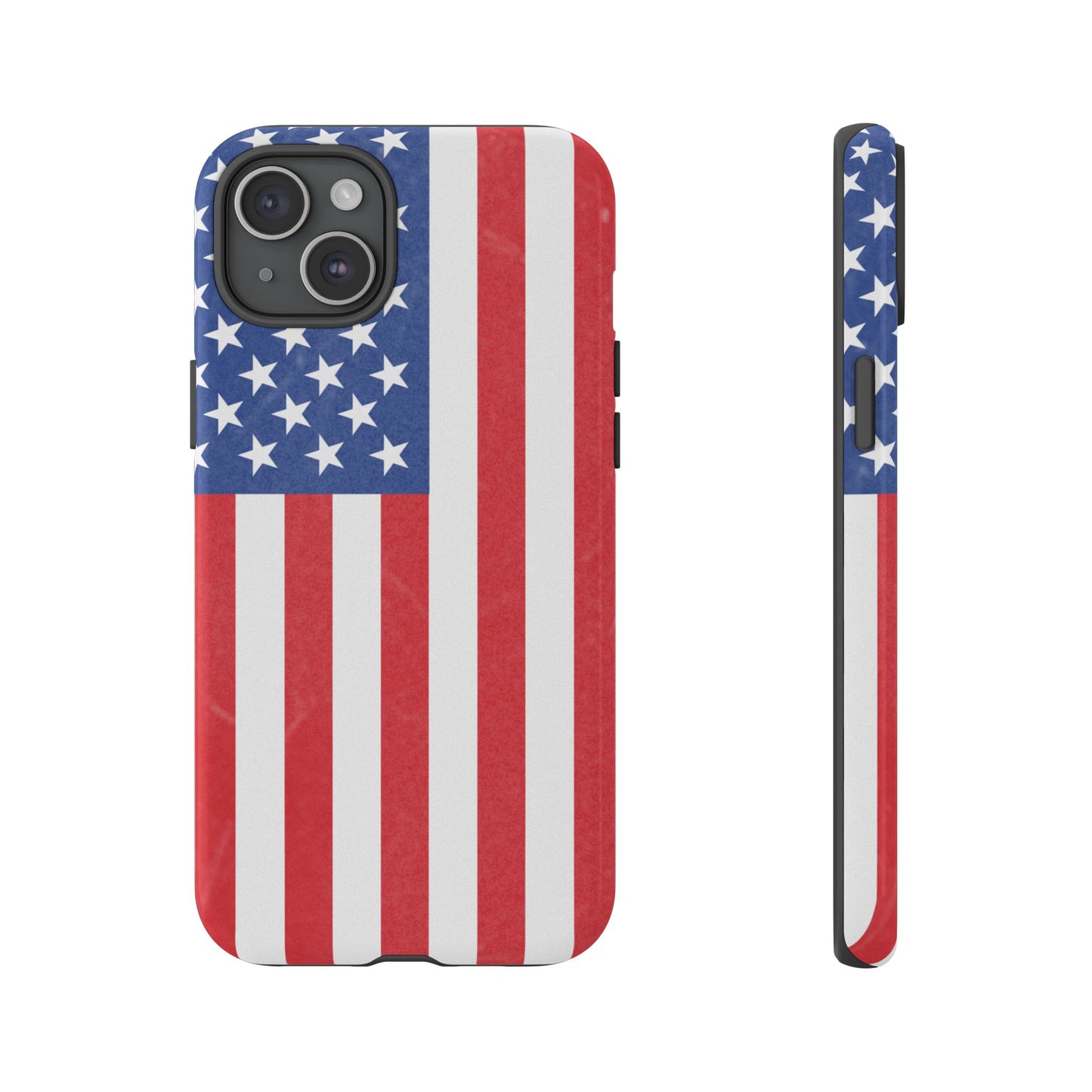 American flag tough phone case for iPhone and Samsung, patriotic protective cover with bold flag design by Printify.
