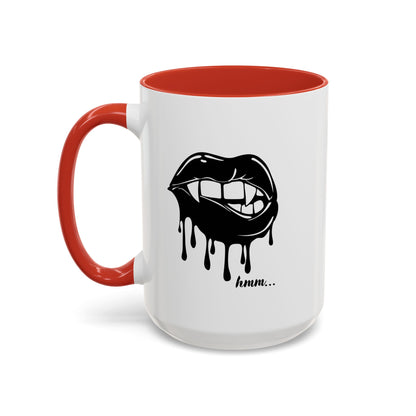 Black Dripping Lips Accent coffee mug with bite graphic, 11oz or 15oz, featuring bold, artistic lips design.