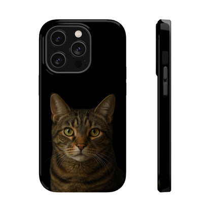 Tabby cat portrait phone case, close-up of glossy finish