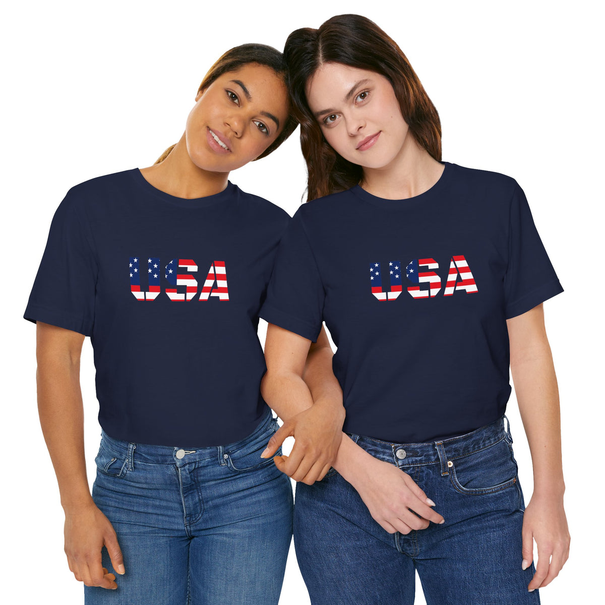 USA flag text T-shirt by Printify featuring patriotic design for Fourth of July celebrations, casual unisex style.