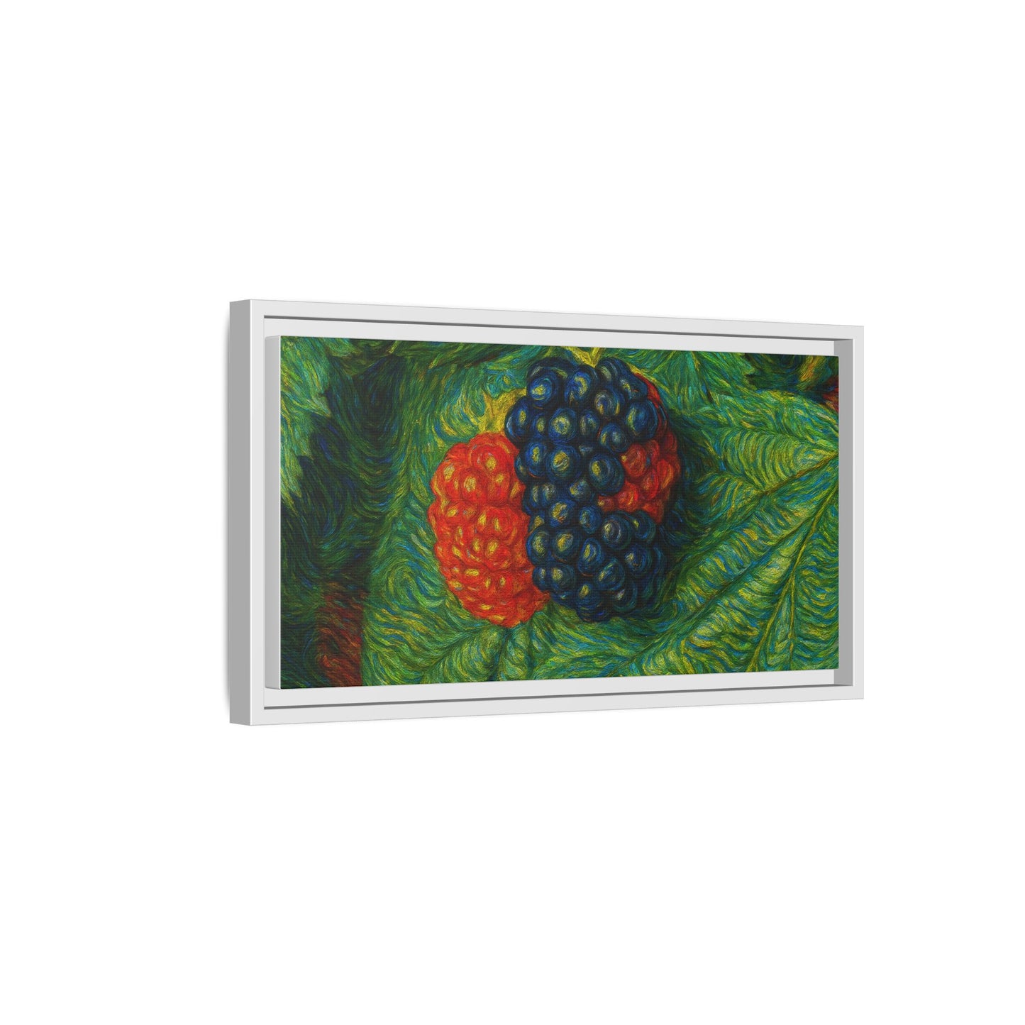 Blackberry still life framed canvas print by Printify, featuring detailed blackberries on a textured canvas background.
