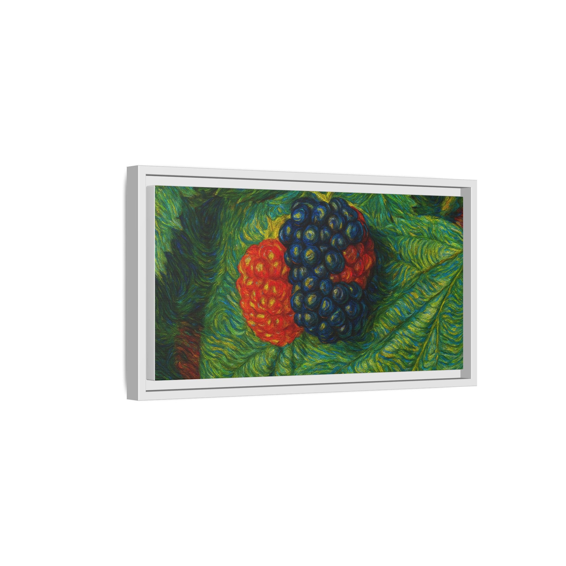 Blackberry still life framed canvas print by Printify, featuring detailed blackberries on a textured canvas background.