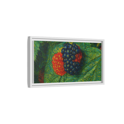 Blackberry still life framed canvas print by Printify, featuring detailed blackberries on a textured canvas background.