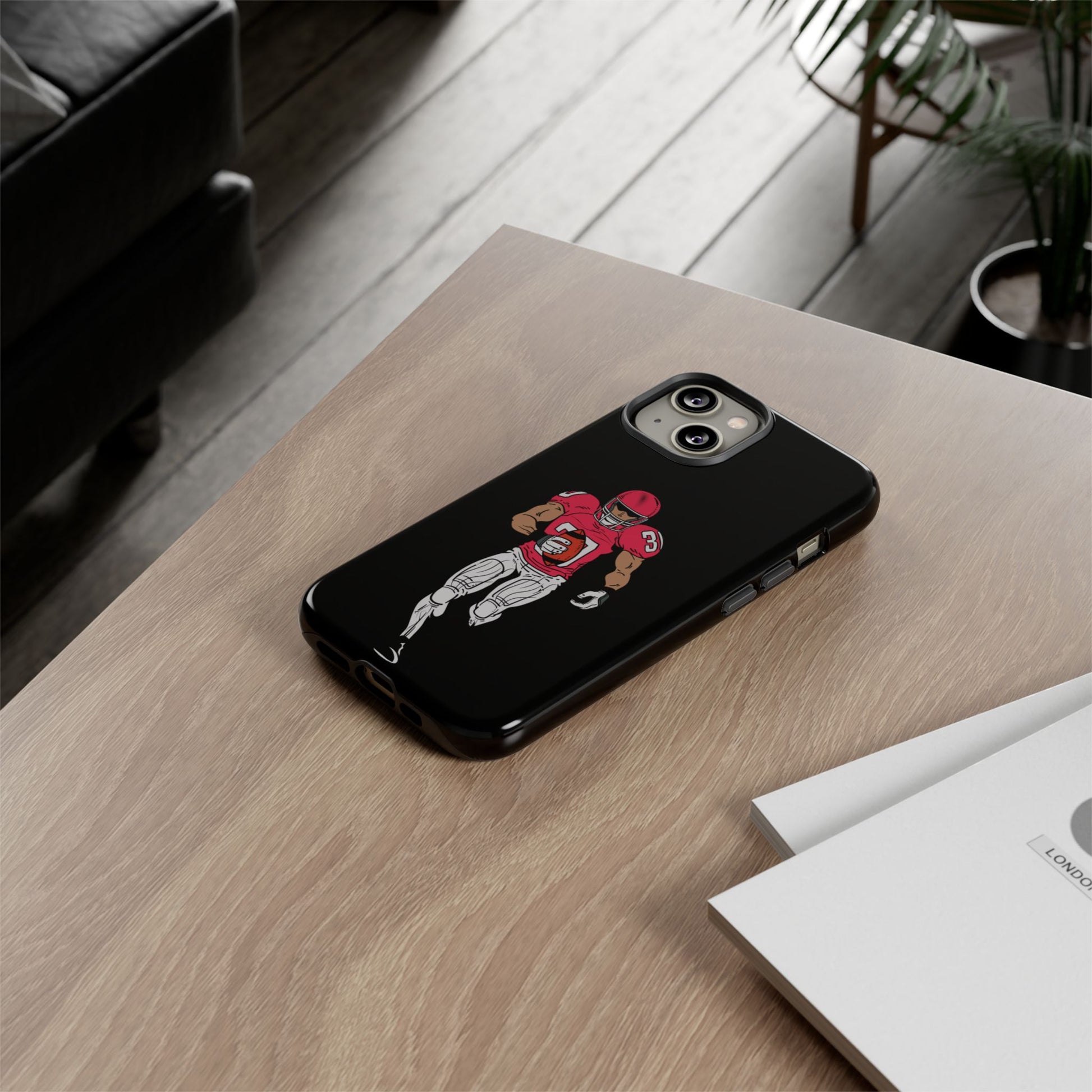 Black football player tough phone case for iPhone by Printify, rugged protective sports design on a durable phone cover.
