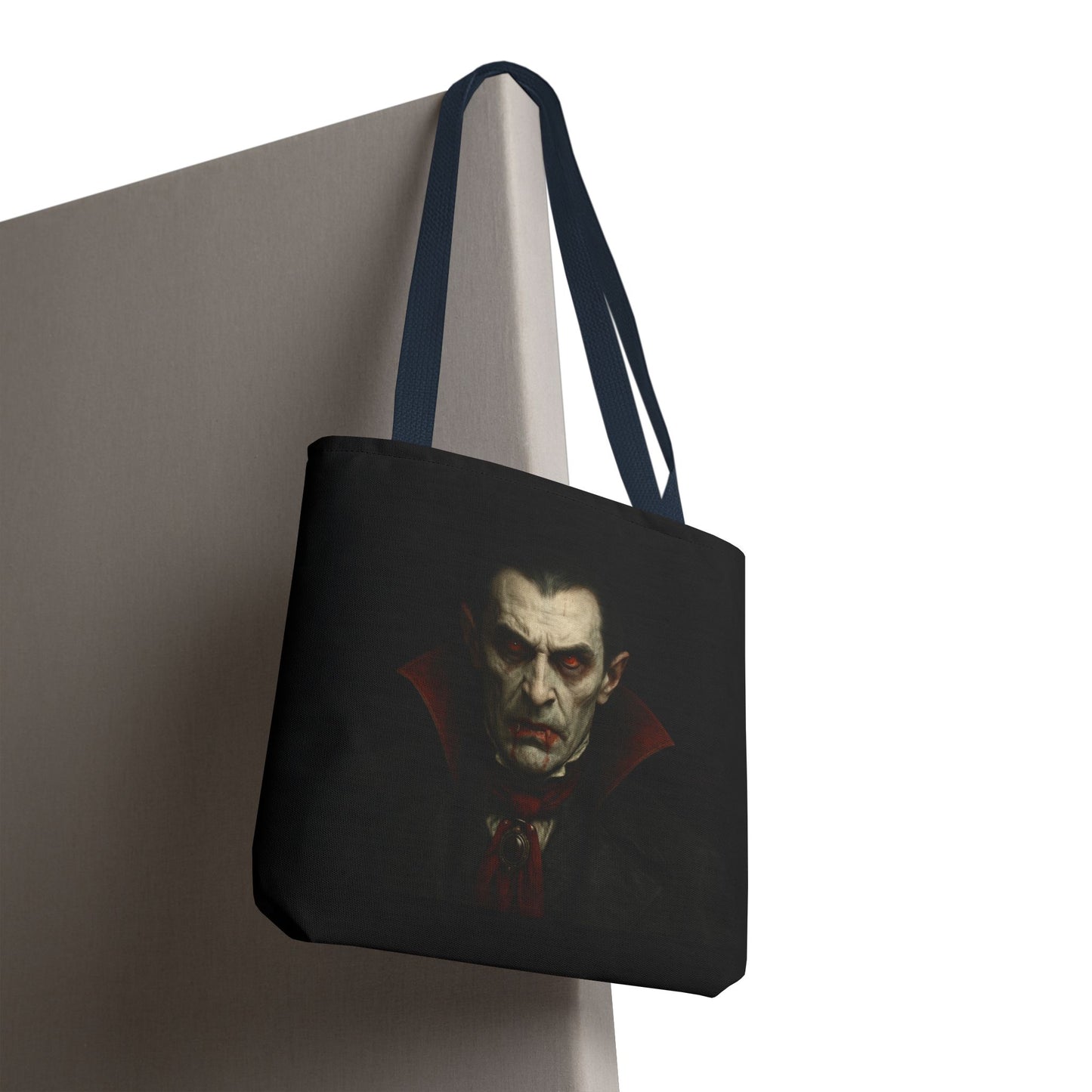 Black vampire tote bag with gothic spooky design, featuring vampire imagery, ideal for Halloween accessories.