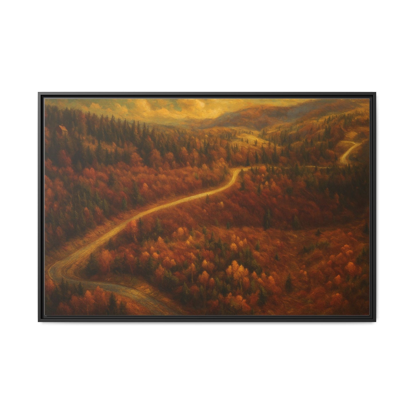 Framed matte canvas print of autumn forest road landscape wall art by Printify, showcasing vibrant fall trees and a scenic pathway.