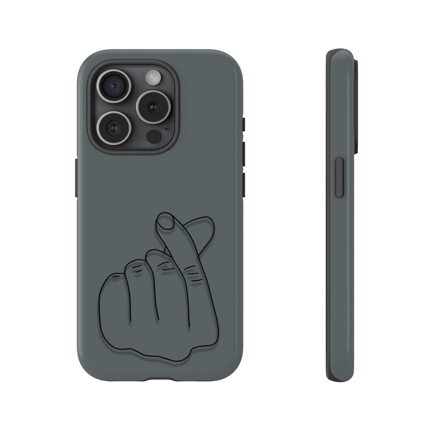 Silicone phone case with embossed Korean finger heart design, compatible with smartphones, by Printify.