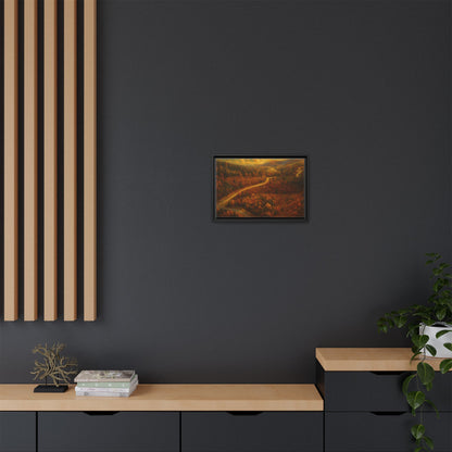 Framed matte canvas print of an autumn forest road landscape wall art by Printify, showcasing vibrant fall colors and scenic nature scene.