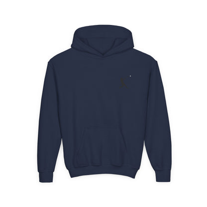 Youth baseball silhouette hoodie for kids featuring a playful baseball player design, made by Printify.