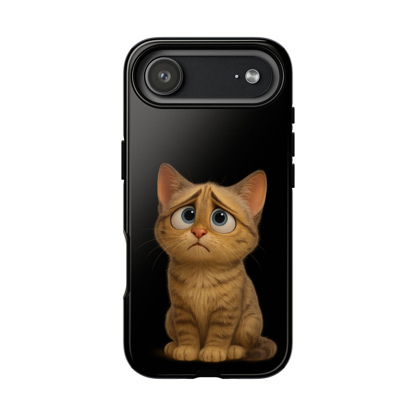 Cute sad kitty design on a protective iPhone case by Printify, featuring a charming cat illustration for phone protection.