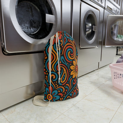 Retro Floral Swirl Laundry Bag | Boho Flower Drawstring Bag - TRV
