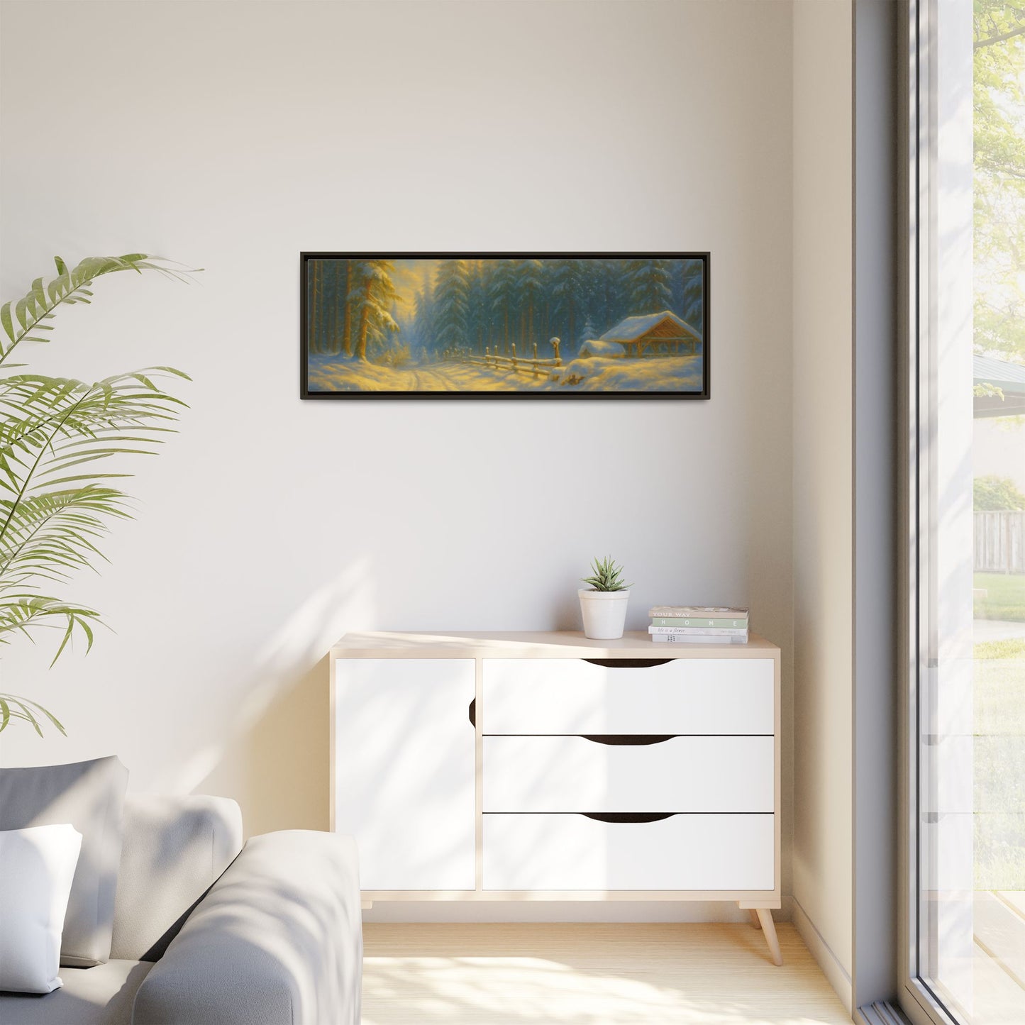 Framed winter cabin canvas print featuring a snowy forest sunset, wall art by Printify showcasing cozy outdoor scenery.