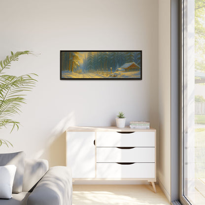 Framed winter cabin canvas print featuring a snowy forest sunset, wall art by Printify showcasing cozy outdoor scenery.