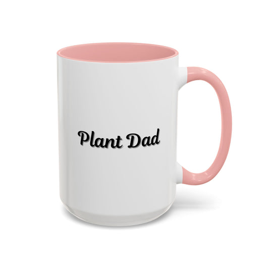 Black-handle Plant Dad coffee mug with plant-themed design, available in 11oz and 15oz sizes, perfect for plant lovers.
