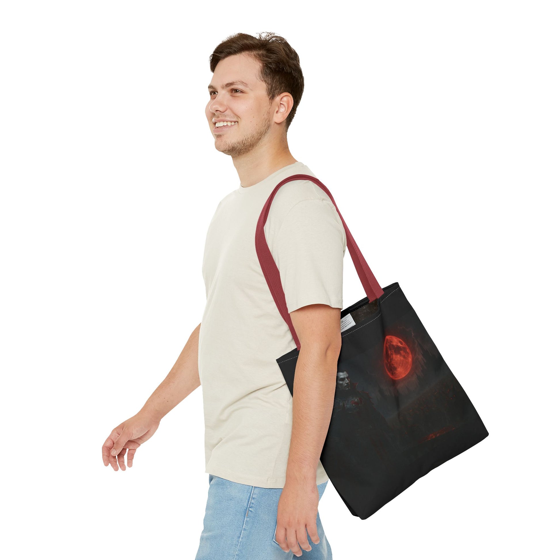 Gothic Dracula tote bag featuring moonlit vampire art, perfect for Halloween or gothic fashion accessories.