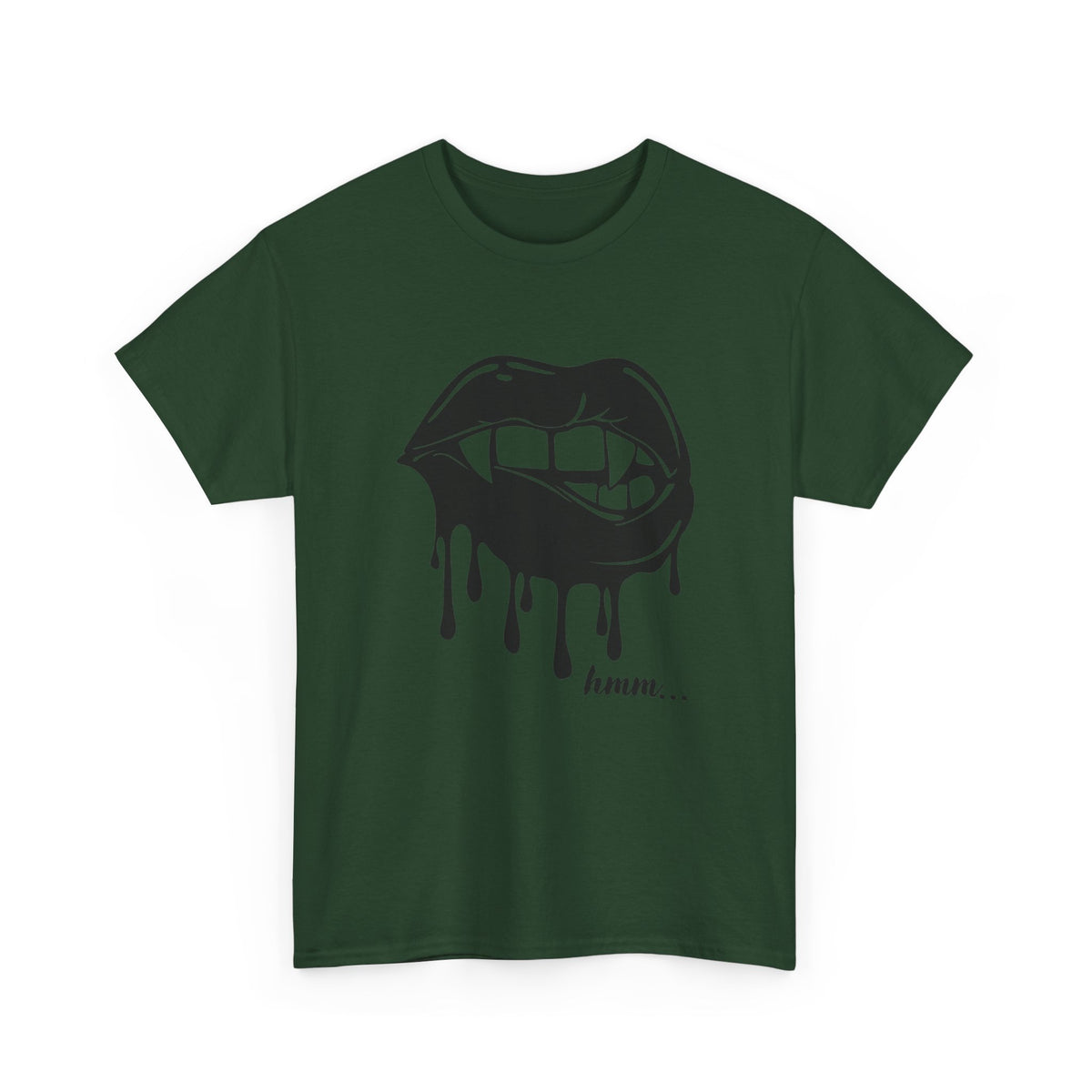 Graphic T-shirt featuring a dripping lips 'hmm...' bite design in bold black and white print by Printify.