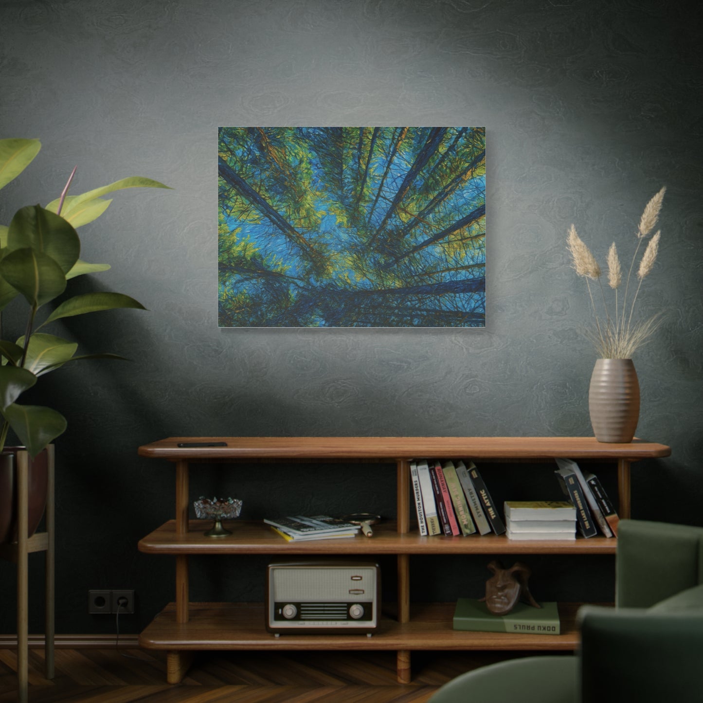 Forest Canopy Matte Canvas Wall Art — Upward View of Trees, Blue & Green Nature Print