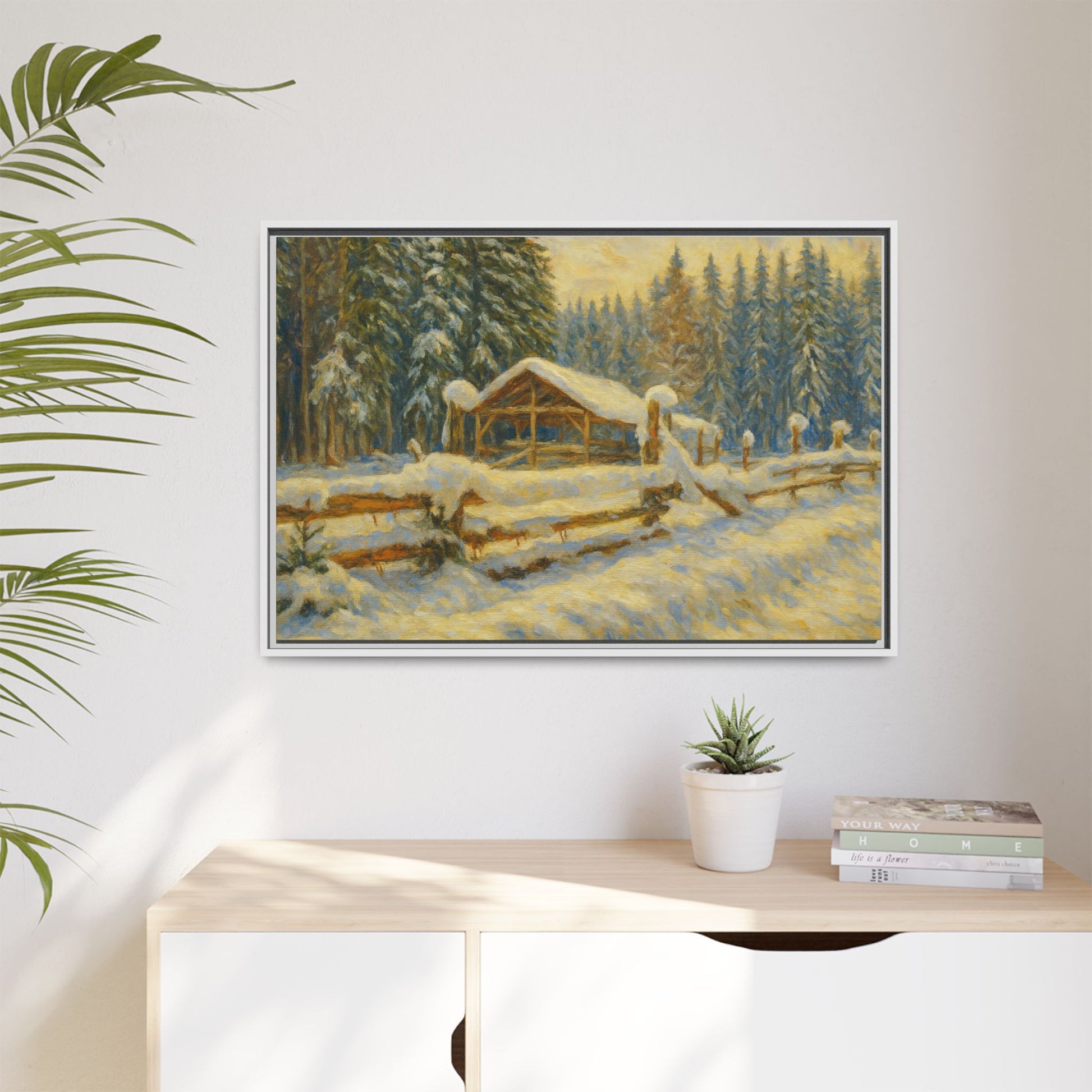 Snowy cabin winter landscape canvas wall art by Printify, featuring a cozy snowy scene with a framed matte finish.